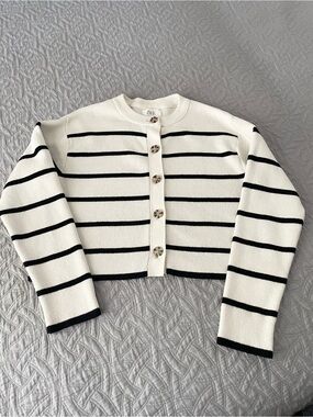 Zara Cream and Black Striped Cropped Button Cardigan Size 13/14